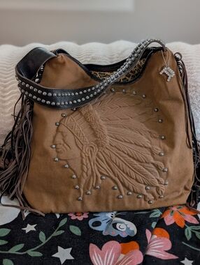 Raviani Western Headdress Studded Fringe Hobo Bag in Brown